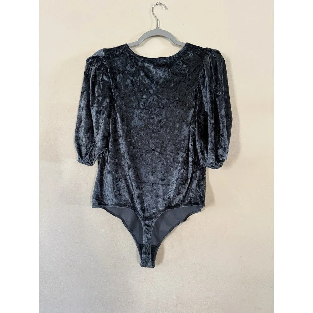 Intimately Free People Large Don't You Wish Gray Velvet Puff Sleeve Bodysuit EUC